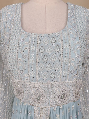 Sky Blue Floral Designed Georgette Gown - Diadem