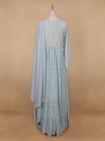 Sky Blue Floral Designed Georgette Gown - Diadem
