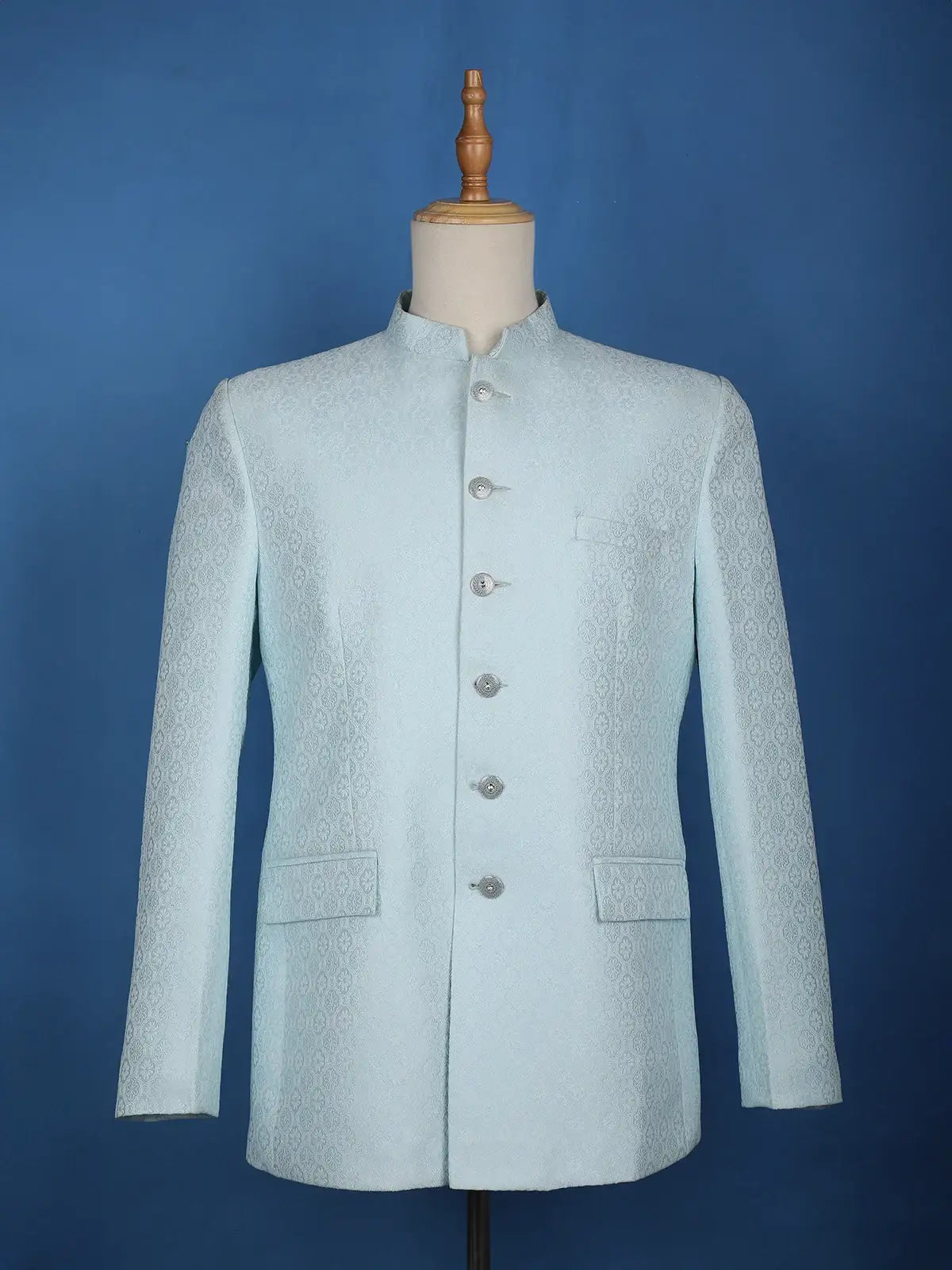 Sky Blue Floral Designed Jodhpuri Men's Suit - Diadem