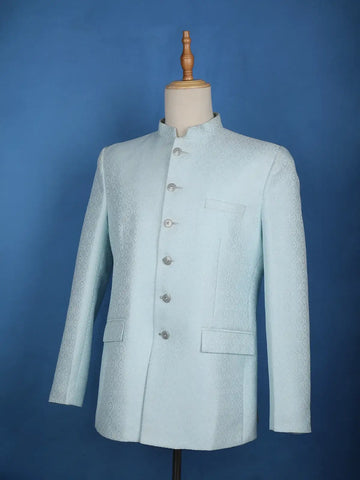 Sky Blue Floral Designed Jodhpuri Men's Suit - Diadem
