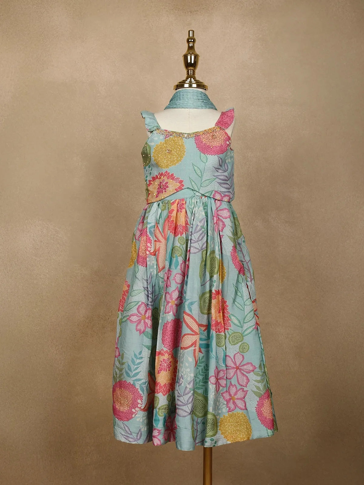 Sky Blue Floral Designed Semi Silk Lehenga - Diadem