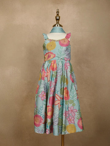 Sky Blue Floral Designed Semi Silk Lehenga - Diadem