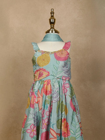 Sky Blue Floral Designed Semi Silk Lehenga - Diadem