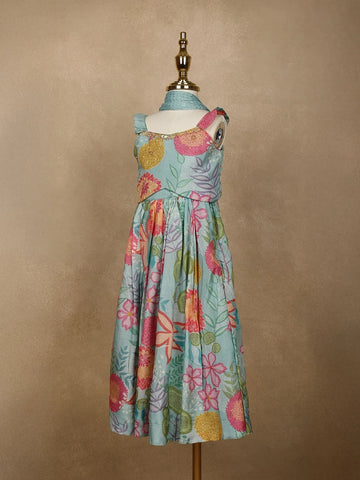 Sky Blue Floral Designed Semi Silk Lehenga - Diadem