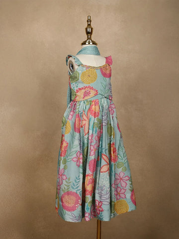 Sky Blue Floral Designed Semi Silk Lehenga - Diadem