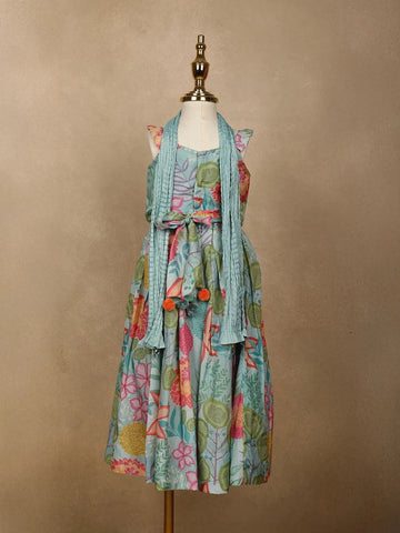 Sky Blue Floral Designed Semi Silk Lehenga - Diadem