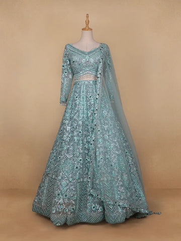 Sky Blue Floral Embroidered Net Lehenga for Brides - Diadem