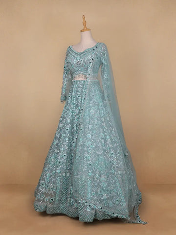 Sky Blue Floral Embroidered Net Lehenga for Brides - Diadem