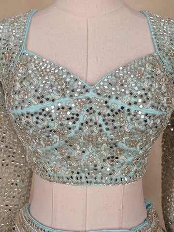 Sky Blue Floral Embroidered Net Lehenga for Brides - Diadem