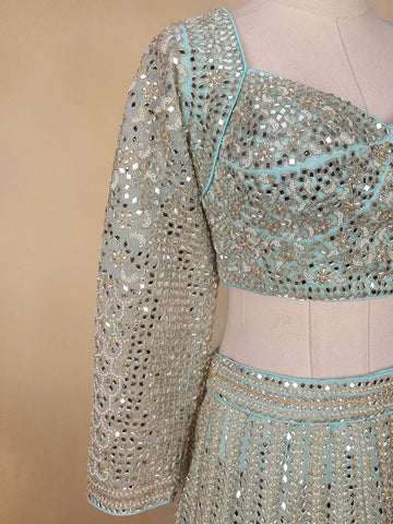 Sky Blue Floral Embroidered Net Lehenga for Brides - Diadem