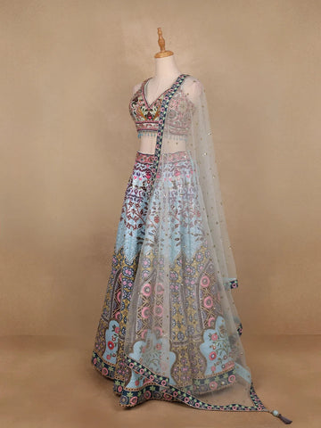 Sky Blue Floral Embroidery Semi Silk Bridesmaid Lehenga - Diadem