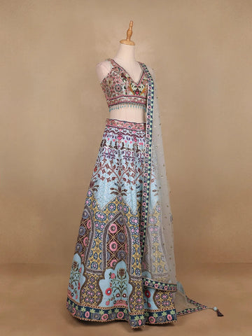 Sky Blue Floral Embroidery Semi Silk Bridesmaid Lehenga - Diadem