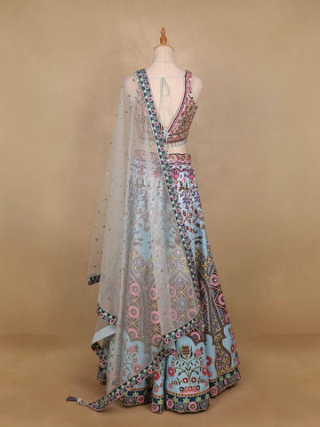 Sky Blue Floral Embroidery Semi Silk Bridesmaid Lehenga - Diadem