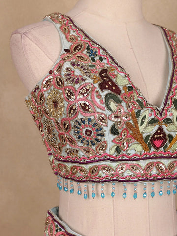 Sky Blue Floral Embroidery Semi Silk Bridesmaid Lehenga - Diadem