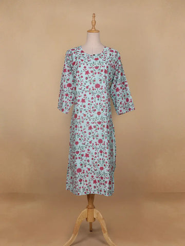 Sky Blue Floral Printed Cotton Kurti - Diadem