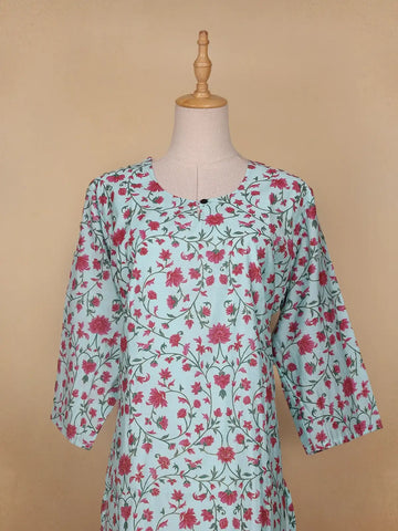 Sky Blue Floral Printed Cotton Kurti - Diadem