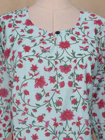 Sky Blue Floral Printed Cotton Kurti - Diadem