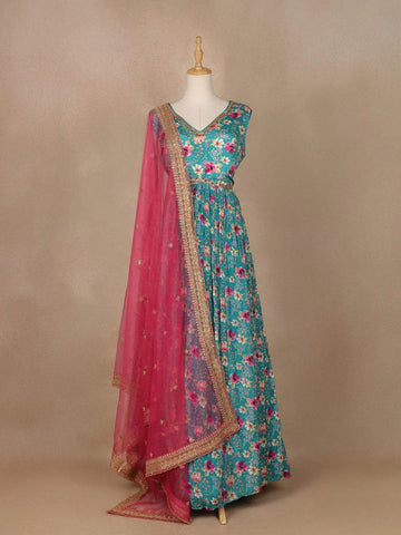 Sky Blue Floral Printed Crepe Gown - Diadem