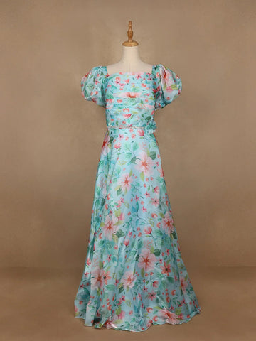 Sky Blue Floral Printed Organza Bridesmaid Gown - Diadem