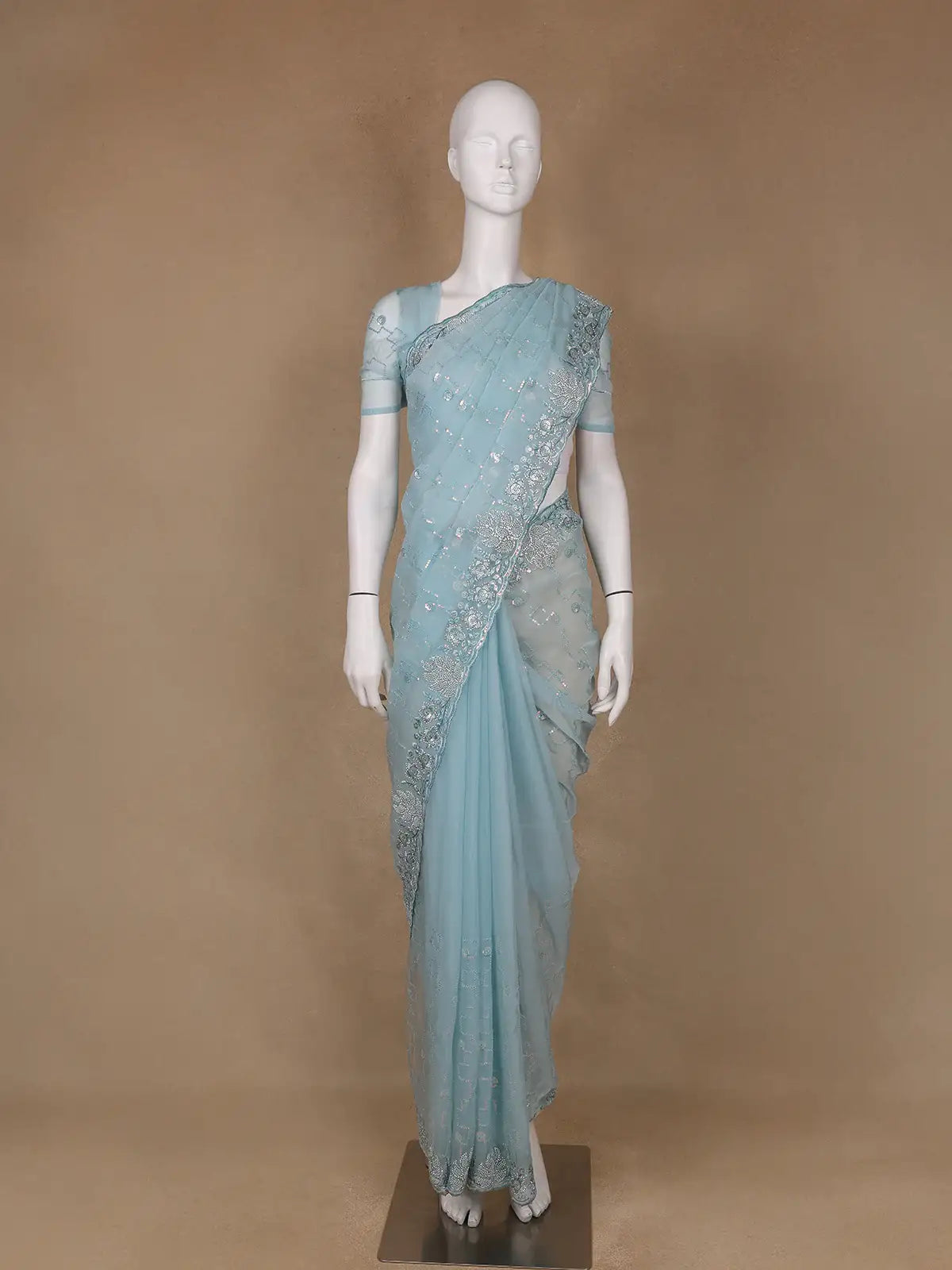 Sky Blue Floral Sequin Embroidered Organza Designer Saree - Diadem