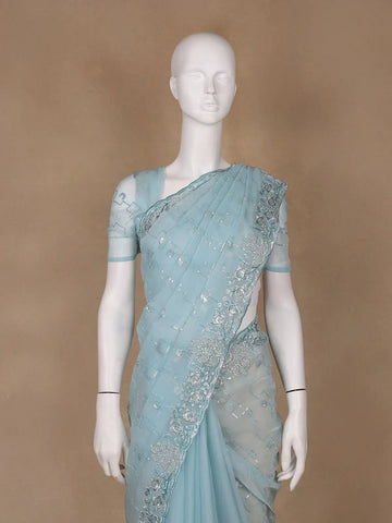Sky Blue Floral Sequin Embroidered Organza Designer Saree - Diadem