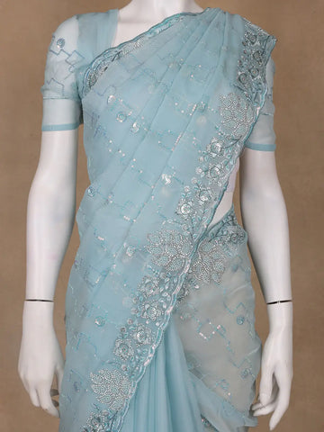 Sky Blue Floral Sequin Embroidered Organza Designer Saree - Diadem