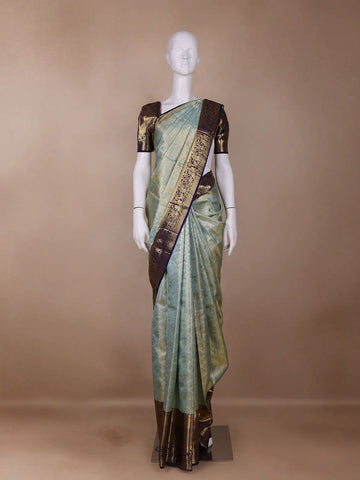 Sky Blue Floral Woven Pure Kanchipuram Silk Saree - Diadem