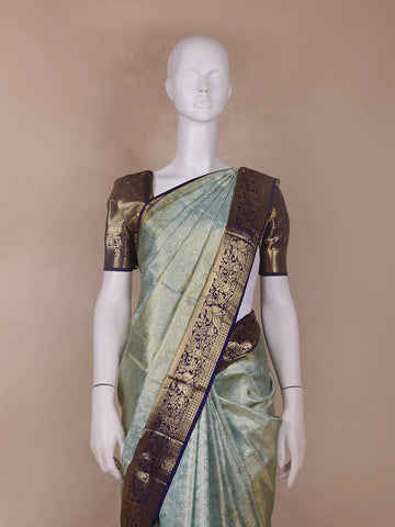 Sky Blue Floral Woven Pure Kanchipuram Silk Saree - Diadem