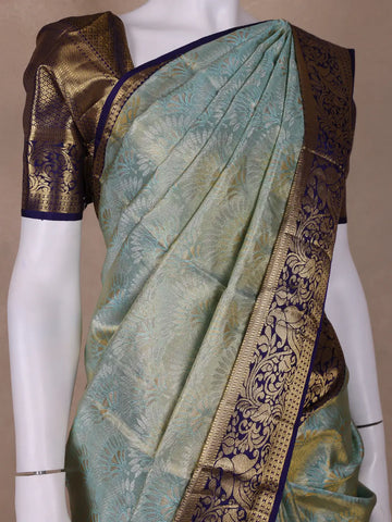 Sky Blue Floral Woven Pure Kanchipuram Silk Saree - Diadem