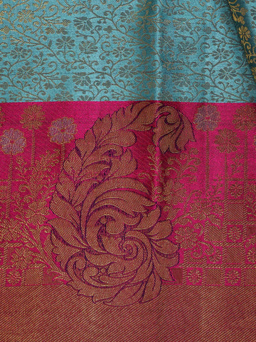 Sky Blue Floral Woven Pure Kanchipuram Silk Saree - Diadem