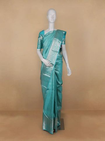 Sky Blue Floral Woven Pure Kanchipuram Silk Saree - Diadem