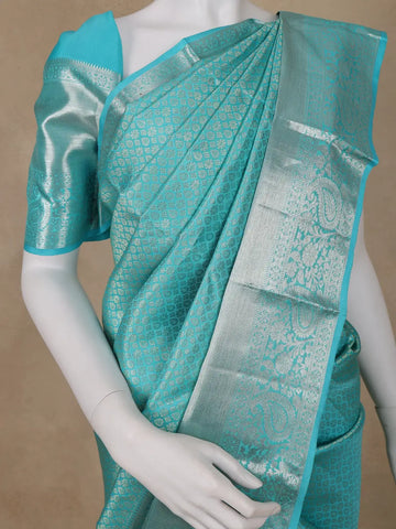 Sky Blue Floral Woven Pure Kanchipuram Silk Saree - Diadem