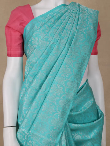 Sky Blue Floral Woven Pure Kanchipuram Silk Saree - Diadem
