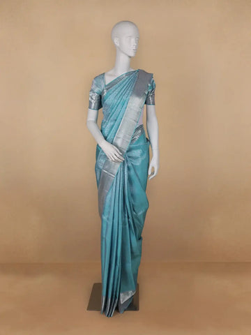 Sky Blue Floral Woven Pure Kanchipuram Silk Saree - Diadem
