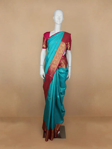 Sky Blue Floral Woven Pure Kanchipuram Silk Saree - Diadem