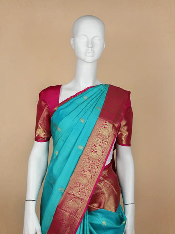 Sky Blue Floral Woven Pure Kanchipuram Silk Saree - Diadem