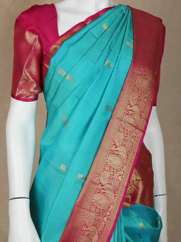 Sky Blue Floral Woven Pure Kanchipuram Silk Saree - Diadem