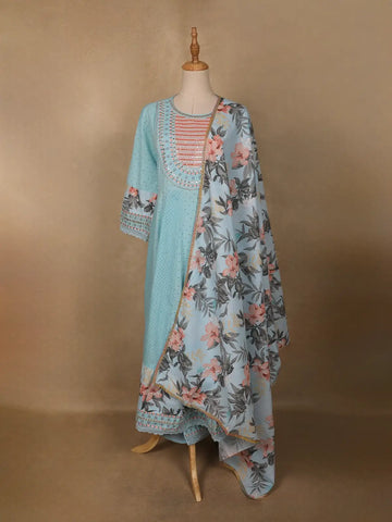 Sky Blue Mirror Work Cotton Salwar Suit Set with Floral Printed Dupatta - Diadem