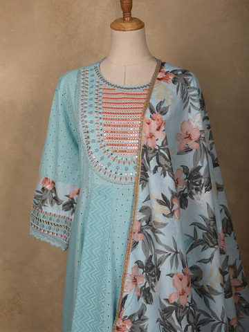 Sky Blue Mirror Work Cotton Salwar Suit Set with Floral Printed Dupatta - Diadem
