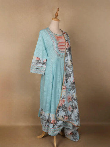 Sky Blue Mirror Work Cotton Salwar Suit Set with Floral Printed Dupatta - Diadem