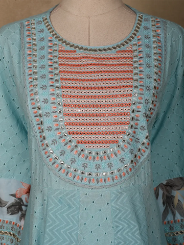 Sky Blue Mirror Work Cotton Salwar Suit Set with Floral Printed Dupatta - Diadem