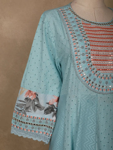Sky Blue Mirror Work Cotton Salwar Suit Set with Floral Printed Dupatta - Diadem
