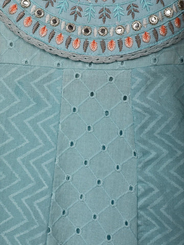 Sky Blue Mirror Work Cotton Salwar Suit Set with Floral Printed Dupatta - Diadem
