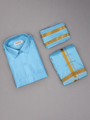 Sky Blue Plain Semi Silk Full-Sleeve Shirt with Matching Dhoti Set - Diadem