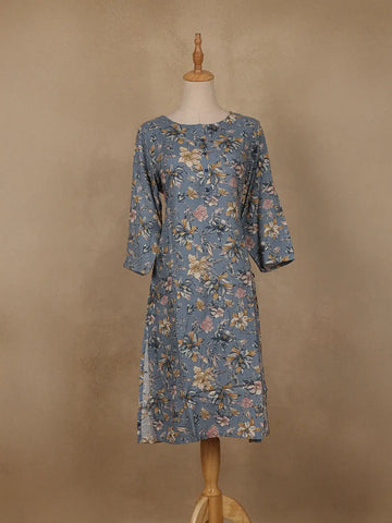 Slate Blue Floral Design Print Rayon Kurti - Diadem