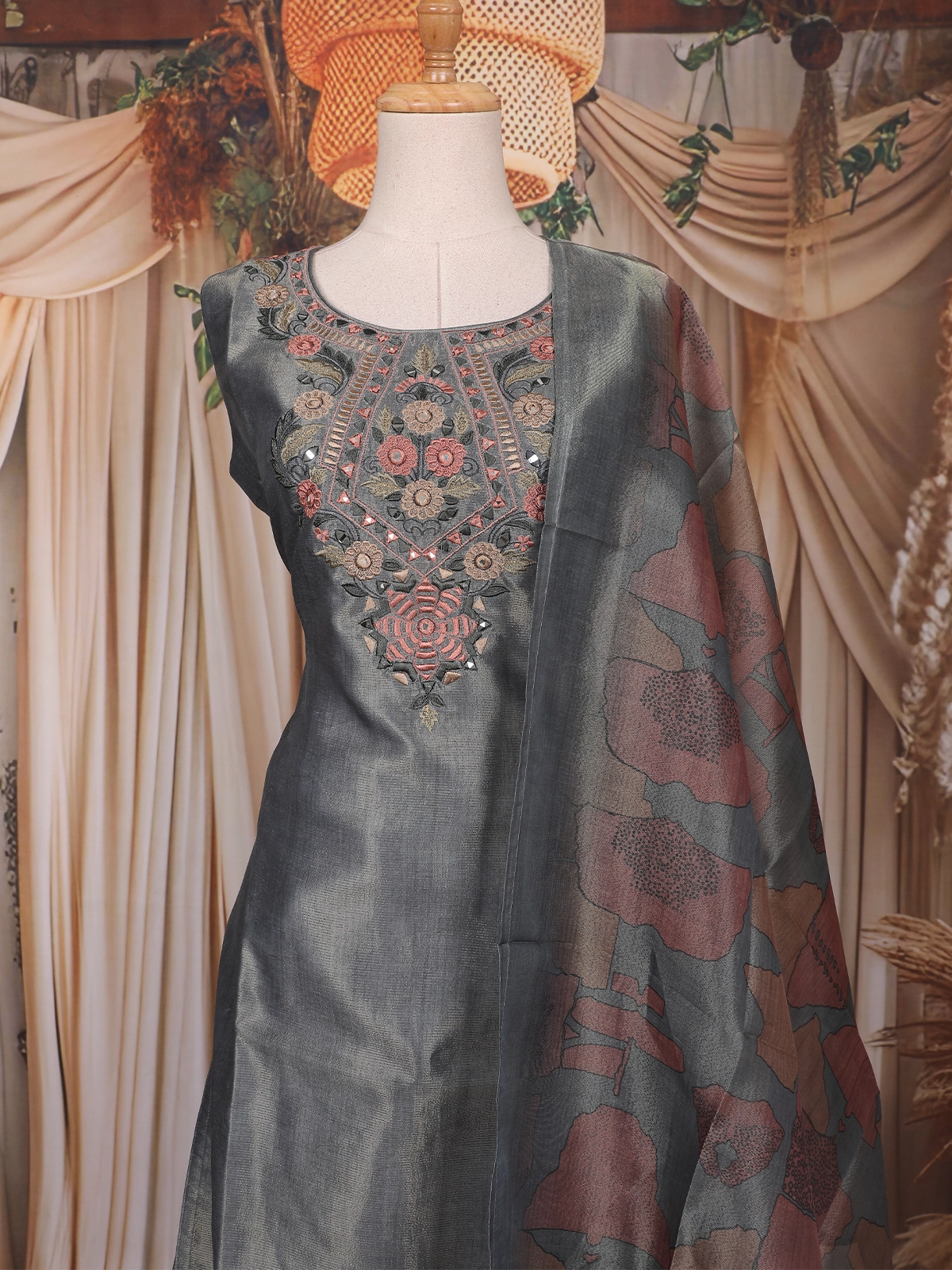 Slate Blue Floral Embroidered Design Tissue Silk Palazzo Suit with Printed Dupatta