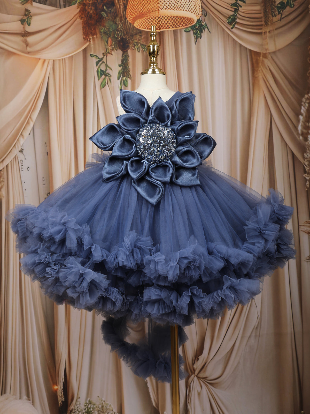 Slate Blue Floral Layered Design Net Ruffle Frock