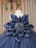 Slate Blue Floral Layered Design Net Ruffle Frock