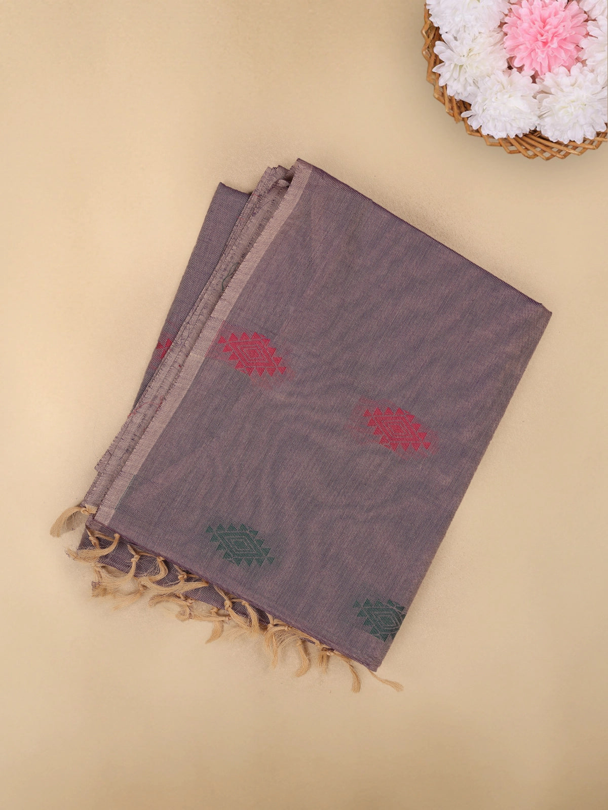 Slate Grey Diamond Butta Woven Design Cotton Saree