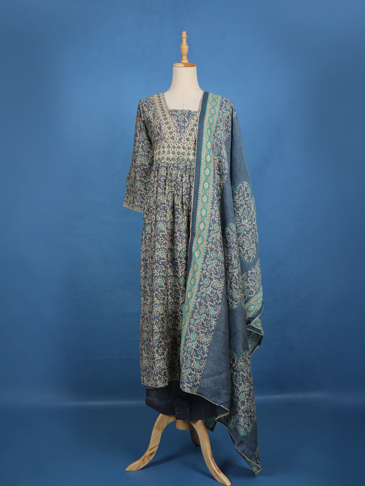 Slate Grey Floral Design  Chandheri Cotton Salwar Suit